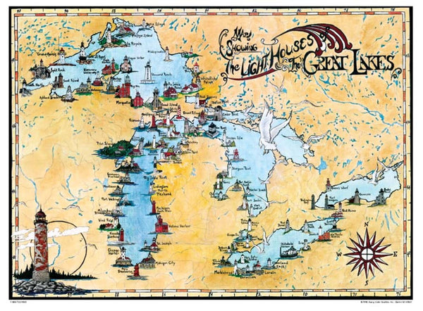 Great Lakes, Lighthouse Map Avery Color Studios