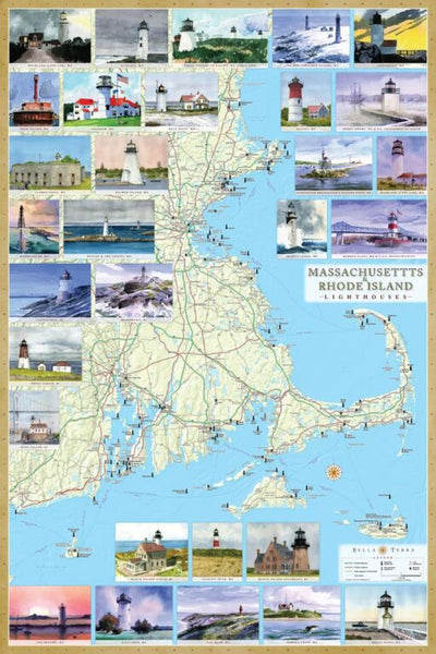 Massachusetts and Rhode Island Lighthouses Map - Laminated Poster by Bella Terra Publishing Bella Terra Publishing LLC