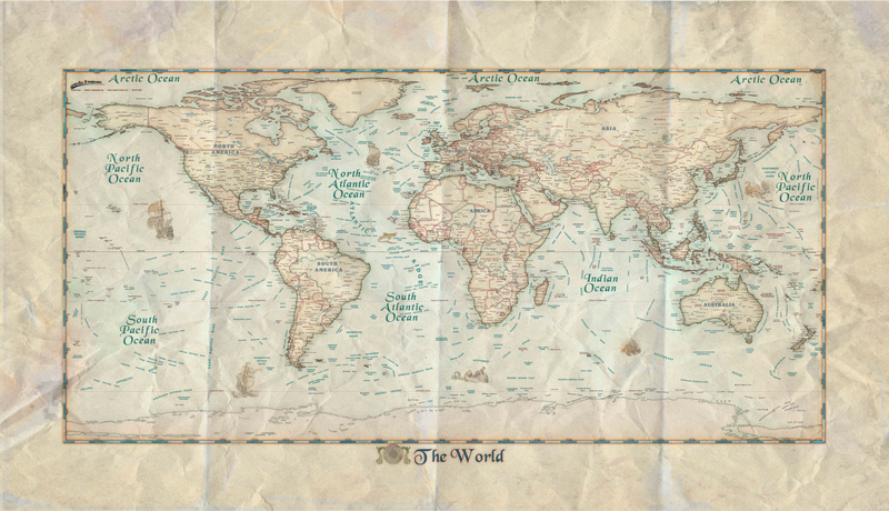 Antique Crumpled World Europe-Centered Wall Map Maps.com