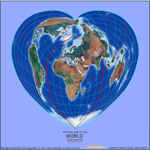 Heart-Shaped Equal Area Physical World Map, Africa-Centered, Light Blue Maps.com