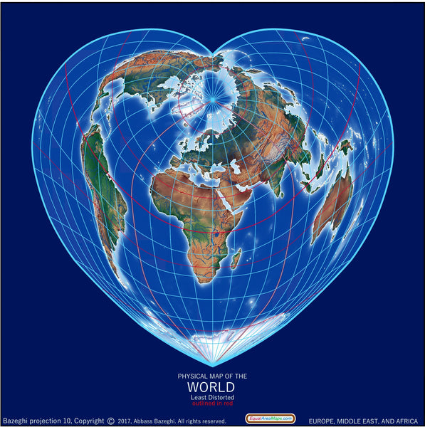 Heart-Shaped Equal Area Physical World Map, Africa-Centered Maps.com