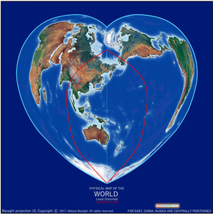 Heart-Shaped Equal Area Physical World Map, East Asia-Centered