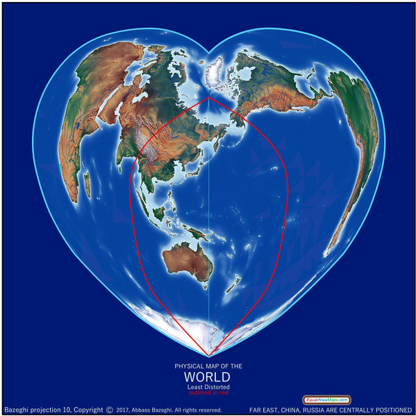 Heart-Shaped Equal Area Physical World Map, East Asia-Centered Maps.com