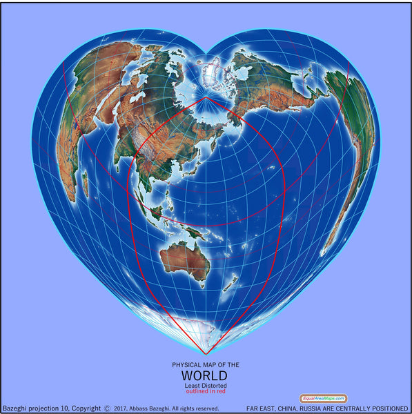 Heart-Shaped Equal Area Physical World Map, East Asia-Centered. Light Blue Maps.com