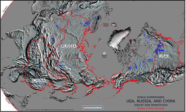 Equal Area Superpowers Physical Topographical World Map Maps.com