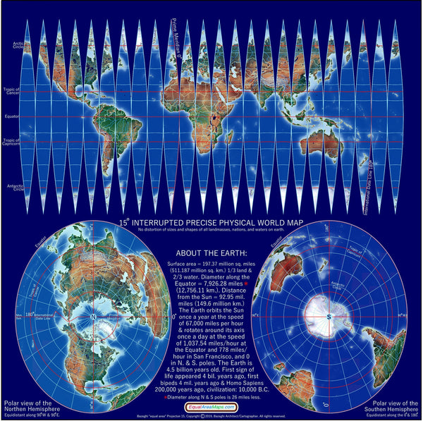Interrupted Precise Equal Area World Map with Polar Views Maps.com