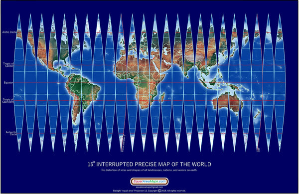 Interrupted Precise Equal Area Map of the World, Dark Blue Maps.com