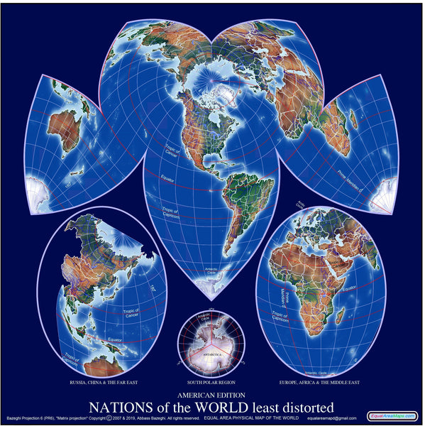 Nations of the World Equal Area Wall Map, Americas-Centered Maps.com