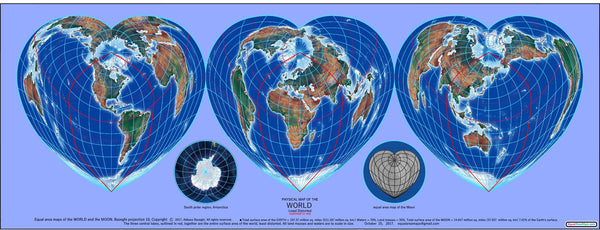 Three-Heart Least Distorted Equal Area World Map, Light Blue Maps.com