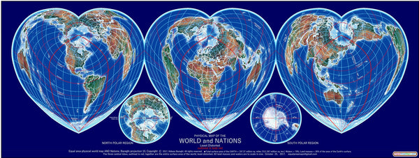Three-Heart Least Distorted Equal Area World Map, Dark Blue Maps.com