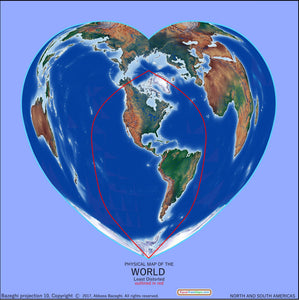 Heart-Shaped Equal Area Physical World Map, Americas-Centered, Light Blue