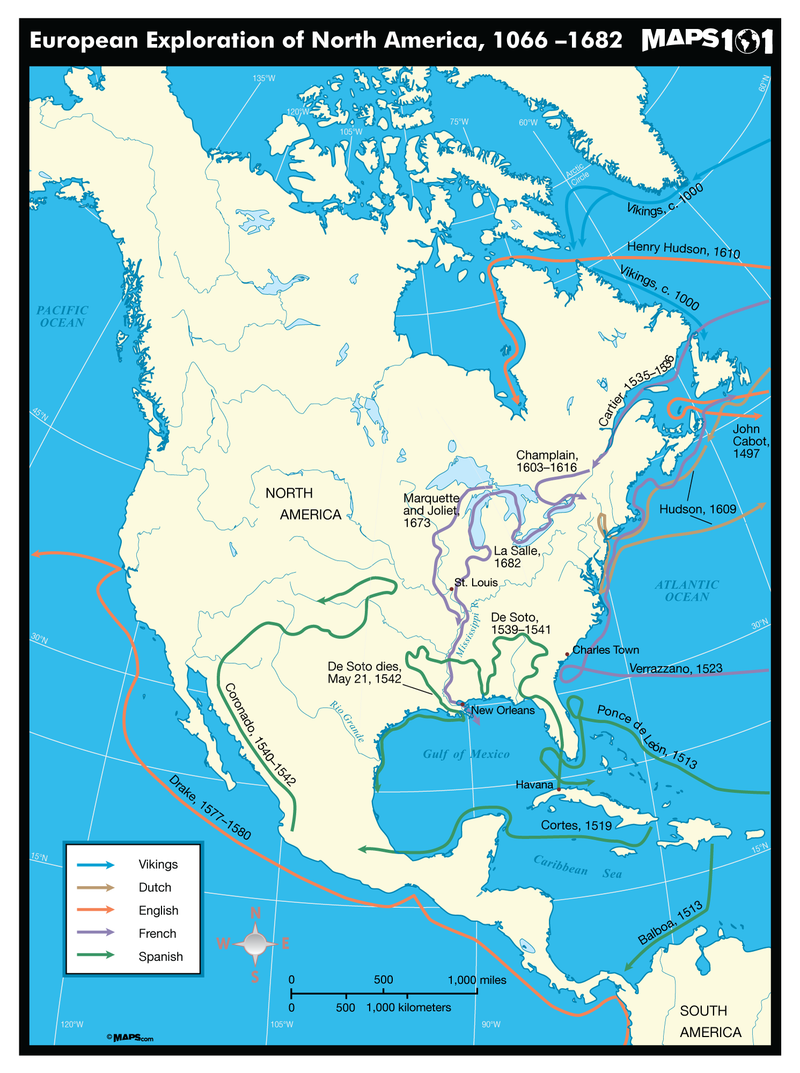 European Exploration of North America Map, 1066-1682 CE Maps.com