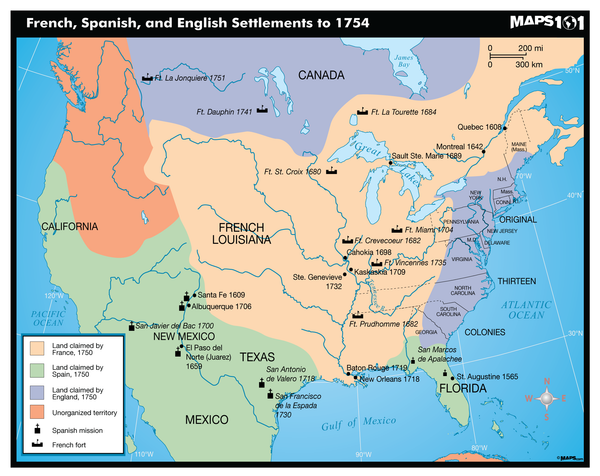 French, Spanish, and English Settlements to 1754 Map Maps.com