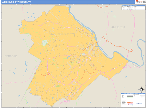 Lynchburg County, Virginia Zip Code Wall Map | Map Geek.com