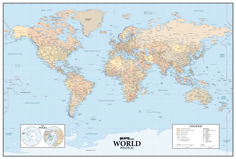 World Political Wall Map - Natural Colors Maps.com