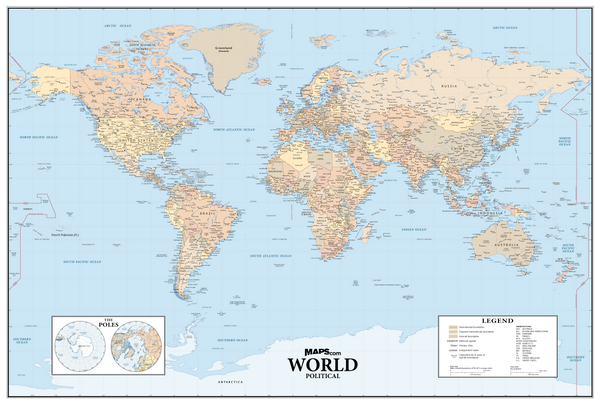 World Political Wall Map - Natural Colors Maps.com