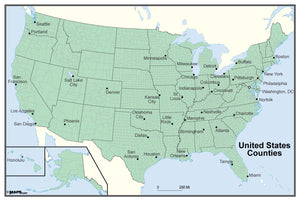 USA with County Outlines Wall Map