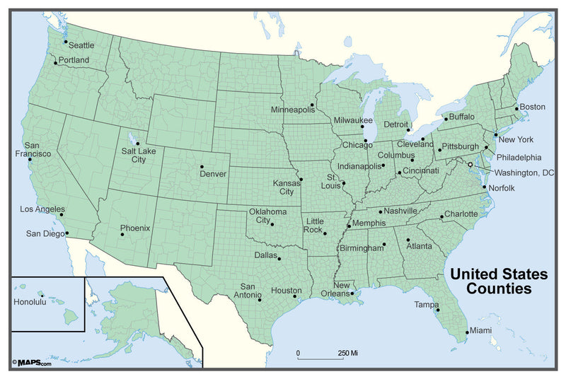 USA with County Outlines Wall Map Maps.com
