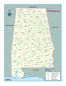 Alabama County Outline Wall Map