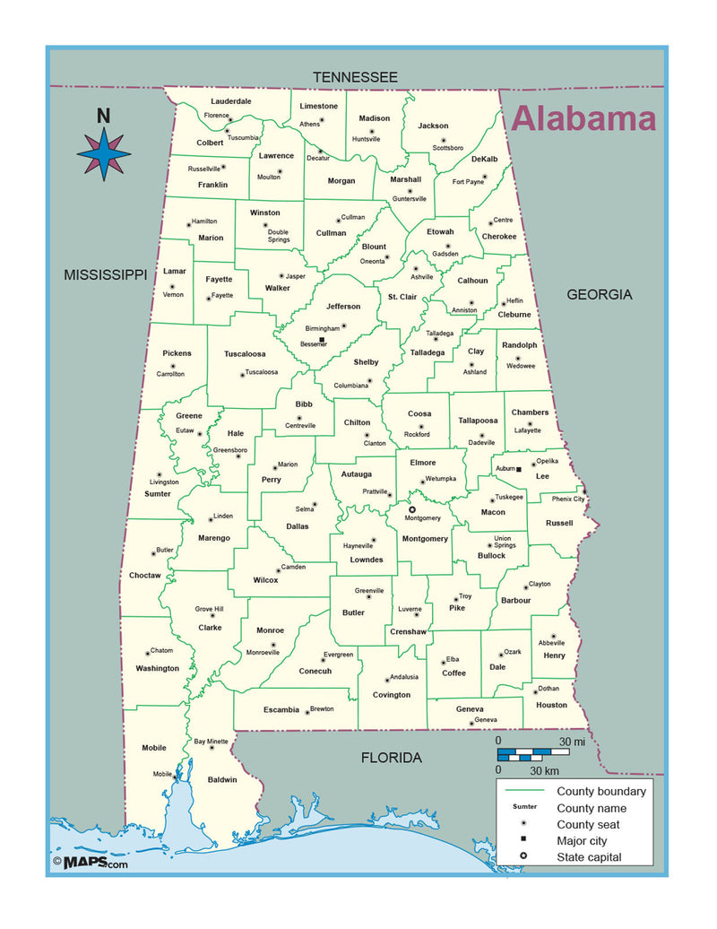 Alabama County Outline Wall Map Maps.com