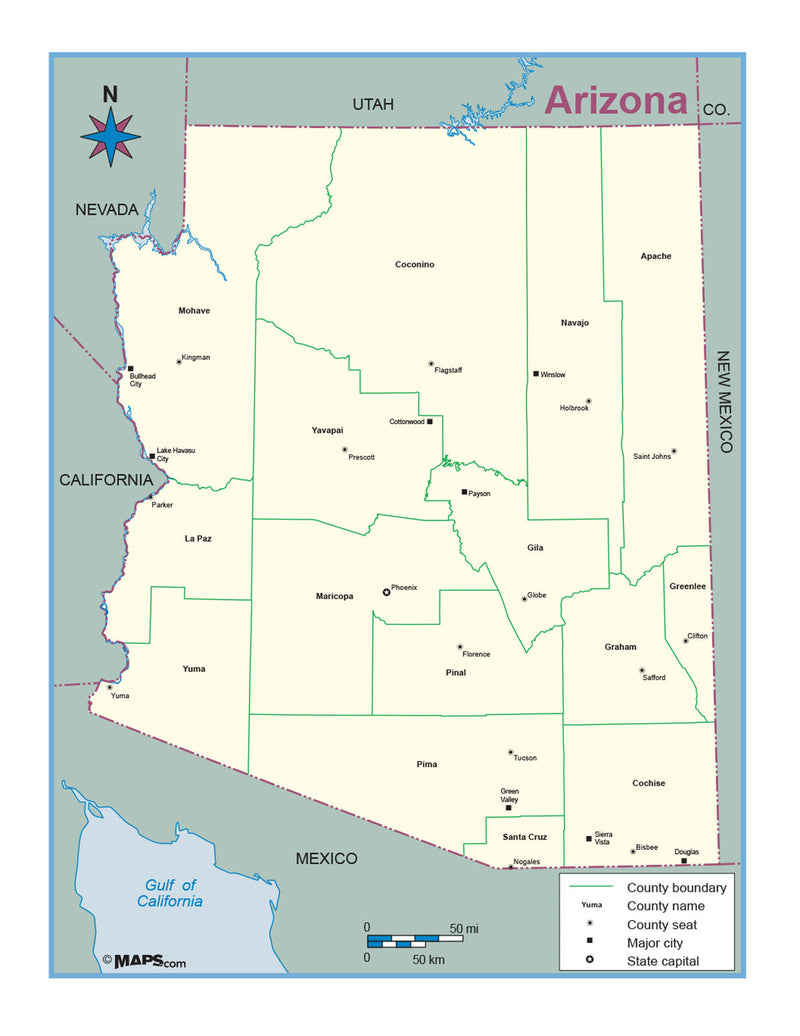 Arizona County Outline Wall Map Maps.com