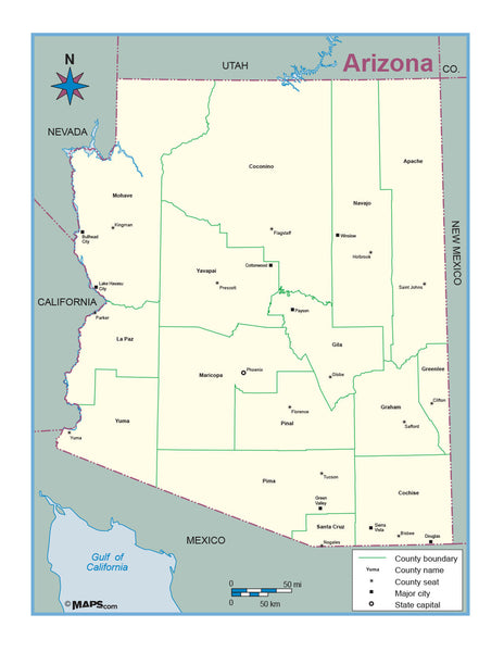 Arizona County Outline Wall Map Maps.com