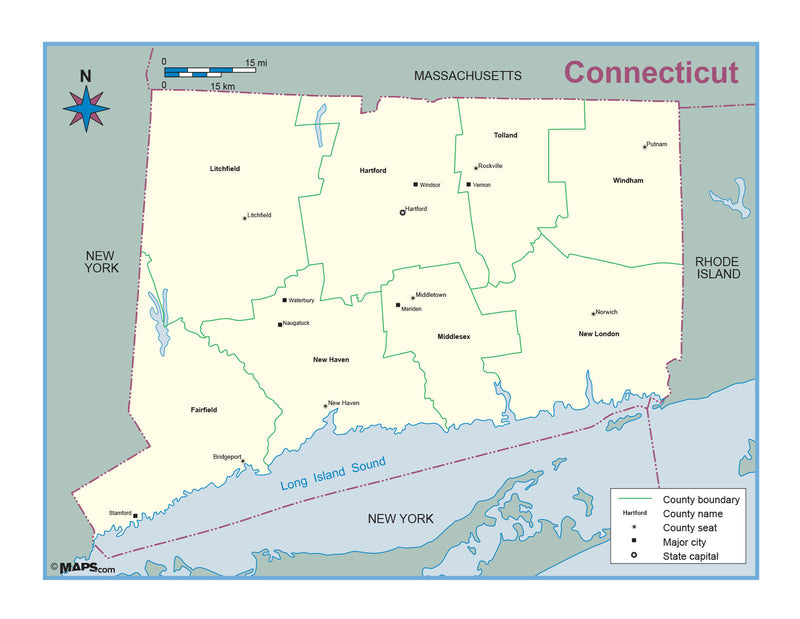 Connecticut County Outline Wall Map Maps.com
