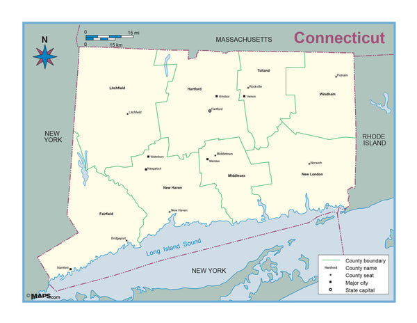 Connecticut County Outline Wall Map Maps.com