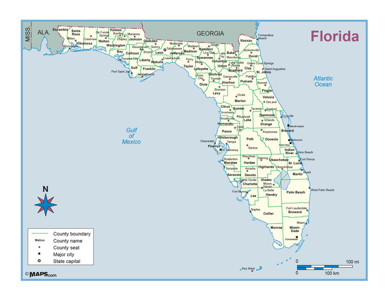 Florida County Outline Wall Map Maps.com