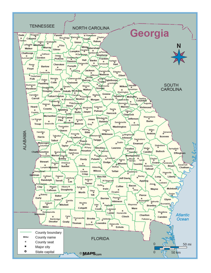 Georgia County Outline Wall Map Maps.com