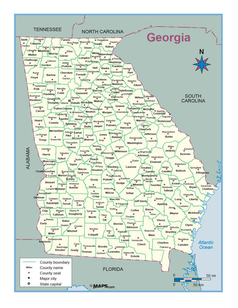 Georgia County Outline Wall Map Maps.com