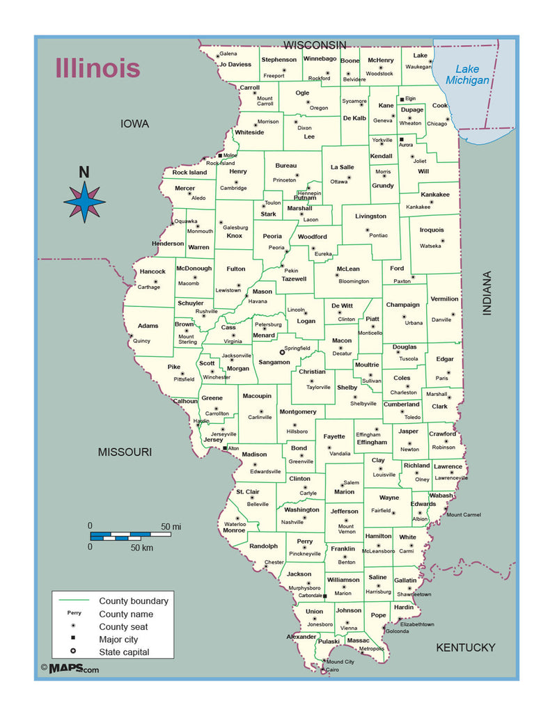 Illinois County Outline Wall Map Maps.com