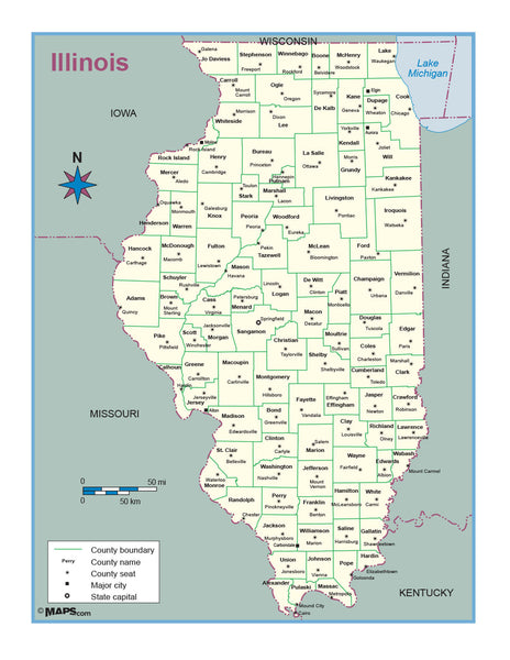 Illinois County Outline Wall Map Maps.com