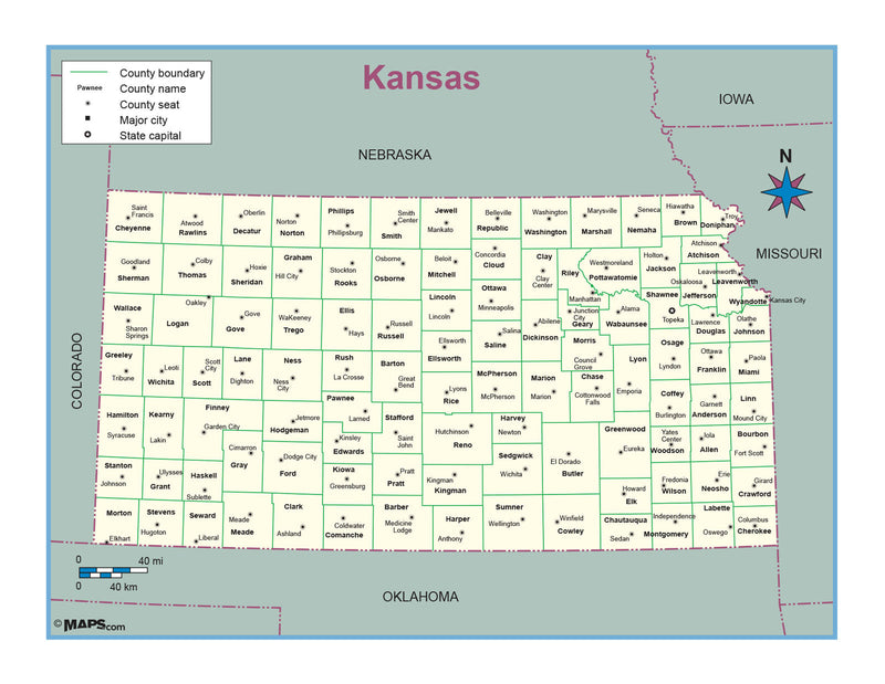 Kansas County Outline Wall Map Maps.com