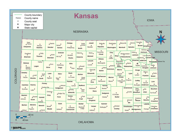Kansas County Outline Wall Map Maps.com