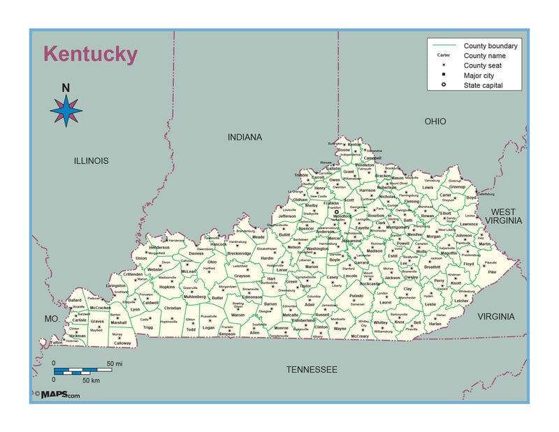 Kentucky County Outline Wall Map Maps.com