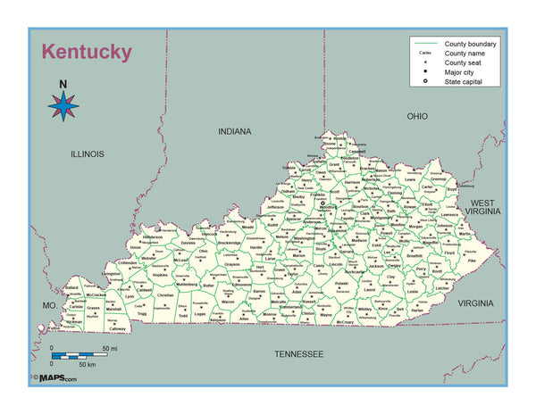 Kentucky County Outline Wall Map Maps.com