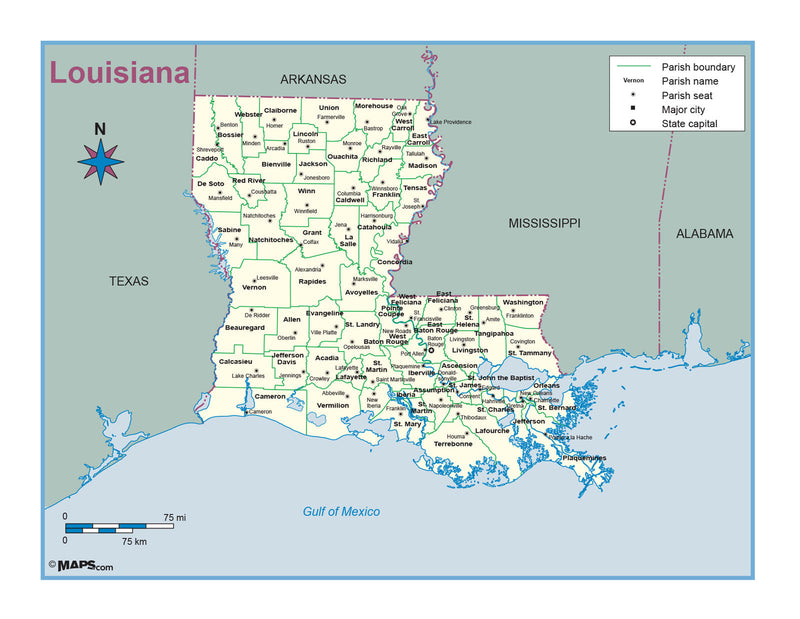 Louisiana County (Parish) Outline Wall Map Maps.com
