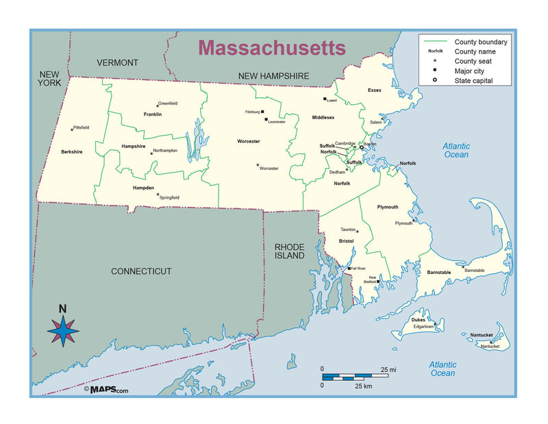 Massachusetts County Outline Wall Map Maps.com