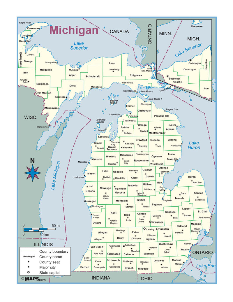 Michigan County Outline Wall Map Maps.com