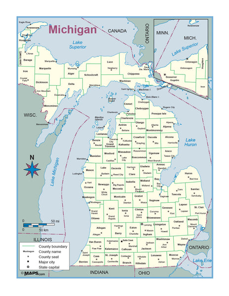 Michigan County Outline Wall Map Maps.com