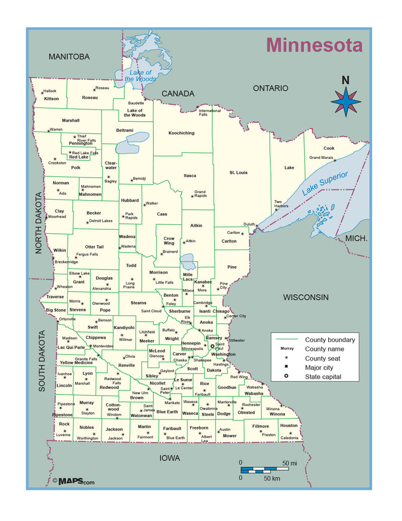 Minnesota County Outline Wall Map Maps.com