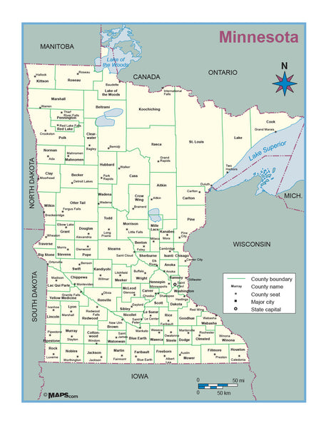 Minnesota County Outline Wall Map Maps.com