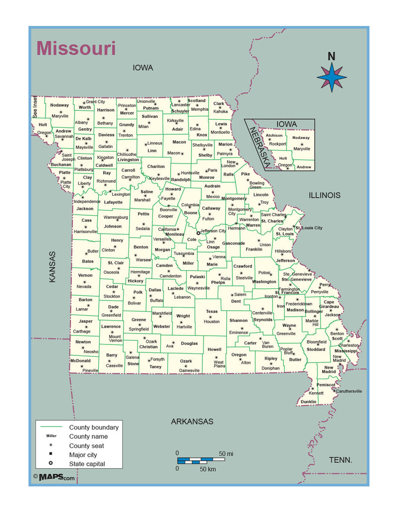 Missouri County Outline Wall Map Maps.com