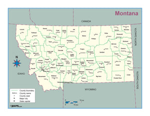 Montana County Outline Wall Map