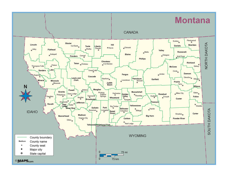 Montana County Outline Wall Map Maps.com