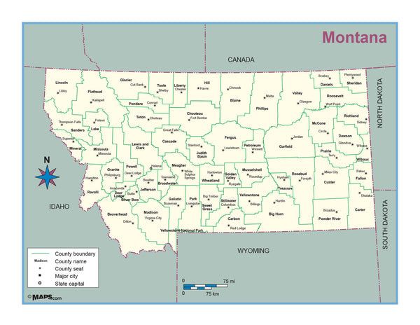 Montana County Outline Wall Map Maps.com