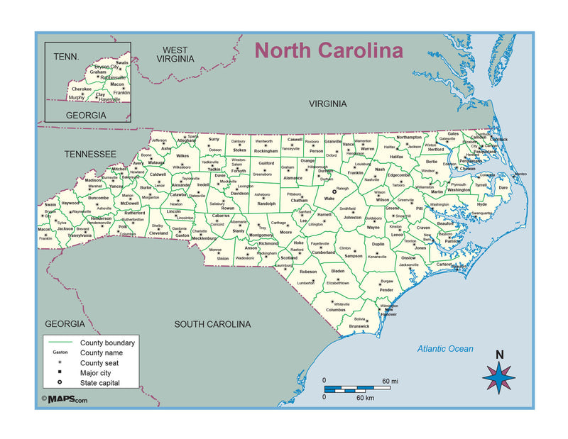 North Carolina County Outline Wall Map Maps.com