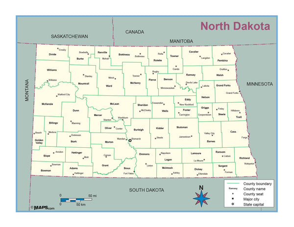 North Dakota County Outline Wall Map Maps.com