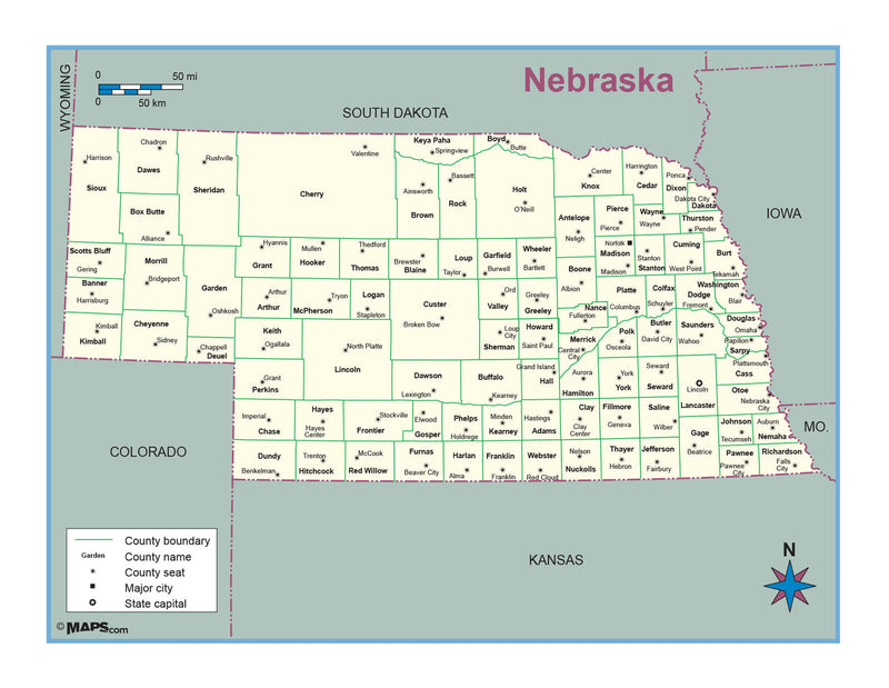 Nebraska County Outline Wall Map Maps.com
